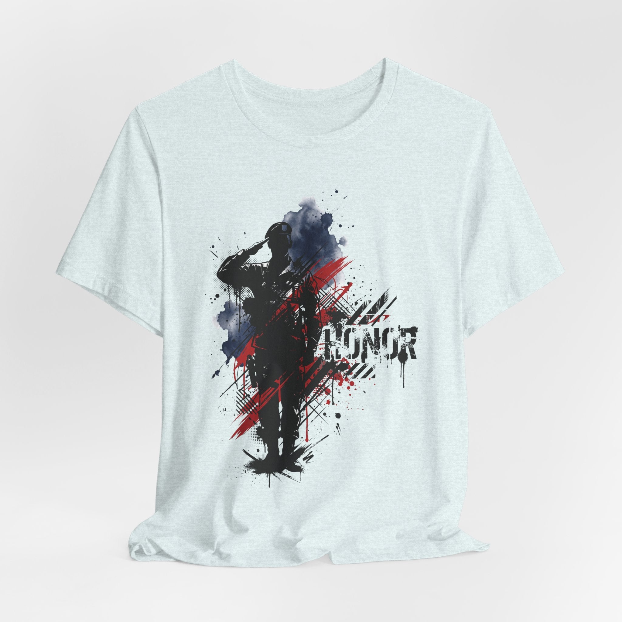 Light blue heather T-shirt, front view, soldier silhouette graphic with red-blue splatter