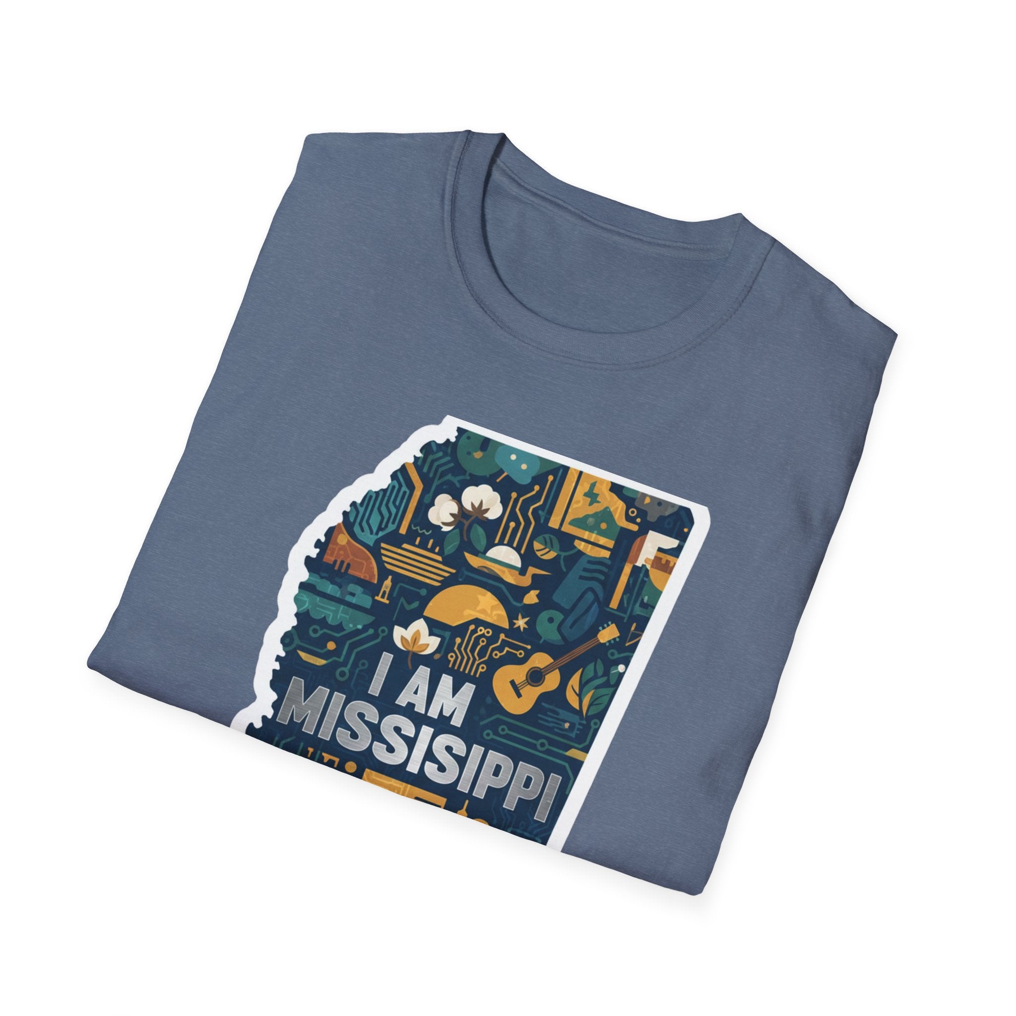 Mississippi I Am T-shirt, heather blue; front state-map illustration with icons