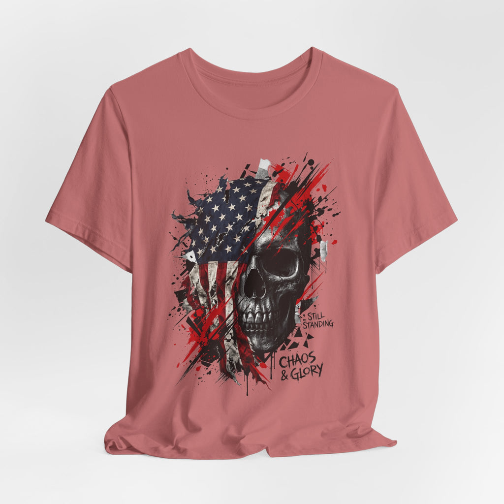 Pink crew-neck T-shirt featuring skull and American flag splatter graphic