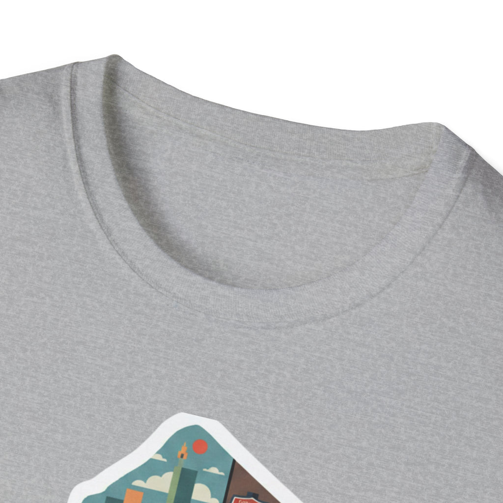 New Jersey map T-shirt, heather gray crew-neck close-up with top of graphic
