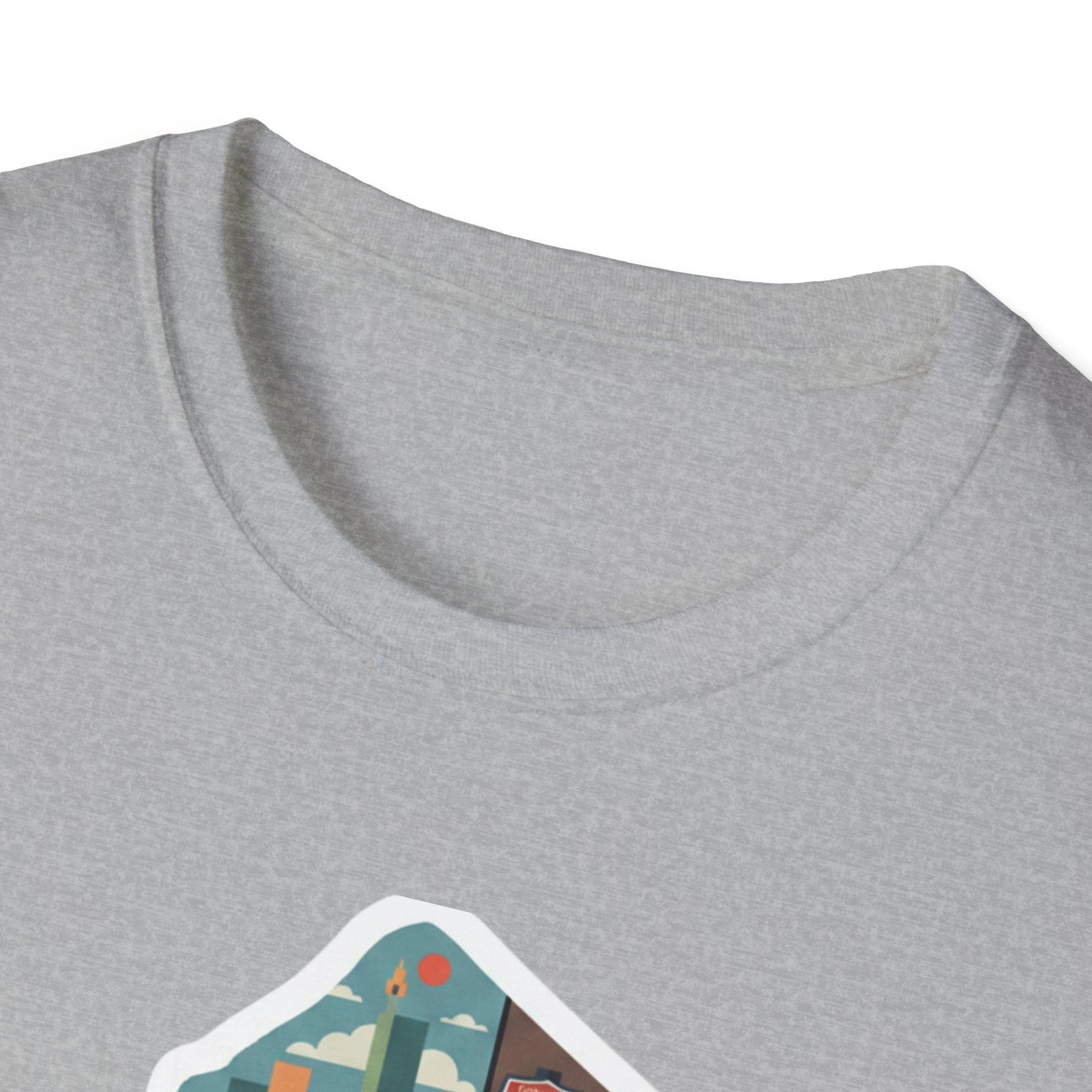 New Jersey map T-shirt, heather gray crew-neck close-up with top of graphic