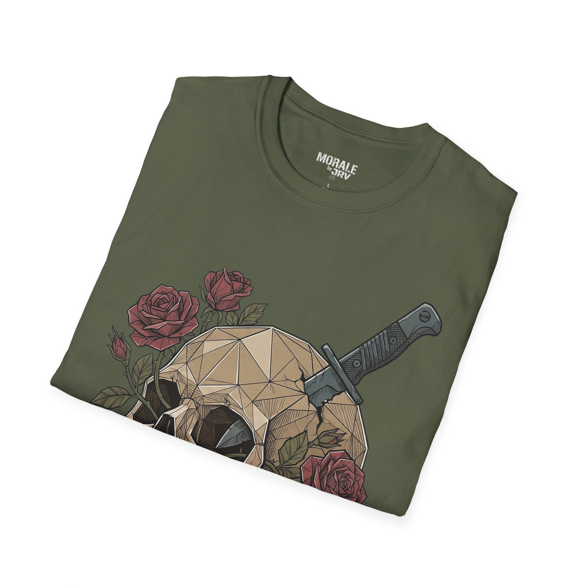 Military Green T-Shirt mit geometrischem Totenkopf, Dolch und Rosen-Grafik