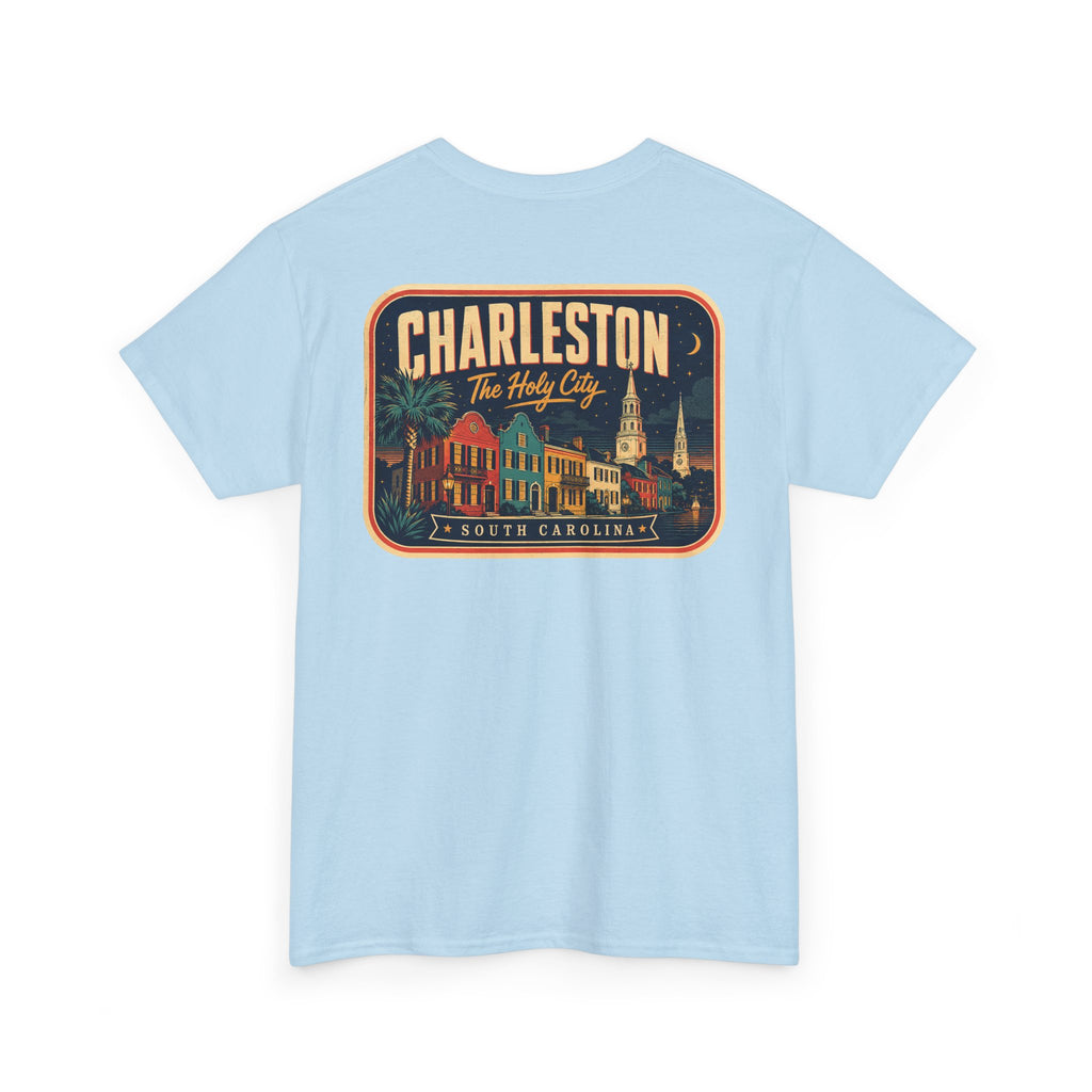Light blue T-shirt with round Charleston city badge graphic on chest