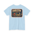 Light blue T-shirt with round Charleston city badge graphic on chest