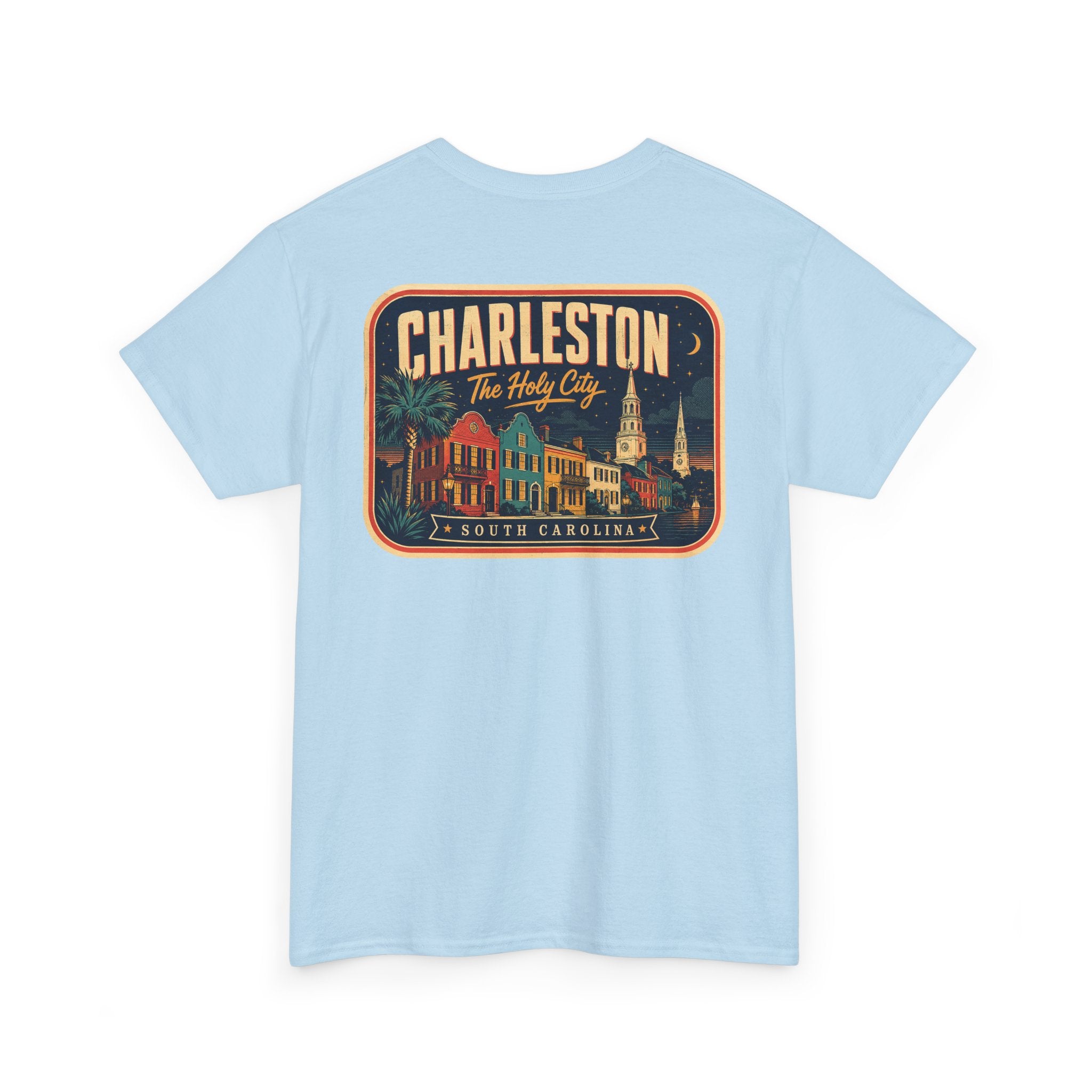 Light blue T-shirt with round Charleston city badge graphic on chest