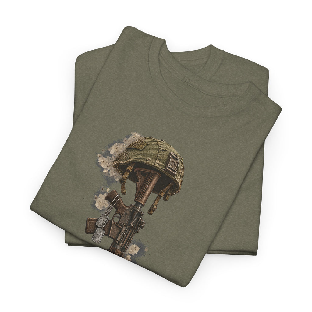 Olive green memorial tribute t-shirt with printed fallen soldier helmet and boots graphic