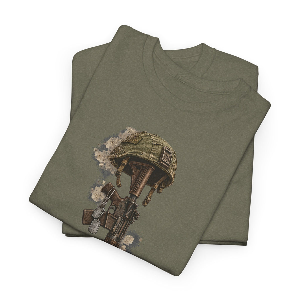 Olive green memorial tribute t-shirt with printed fallen soldier helmet and boots graphic