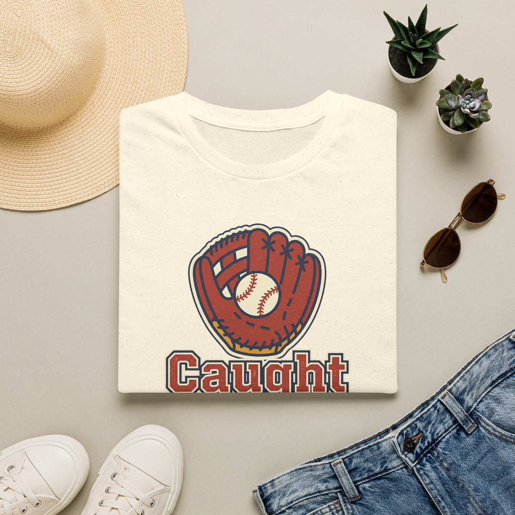 Natural baseball T-shirt with front glove graphic and 'Caught Looking Web Gems' print