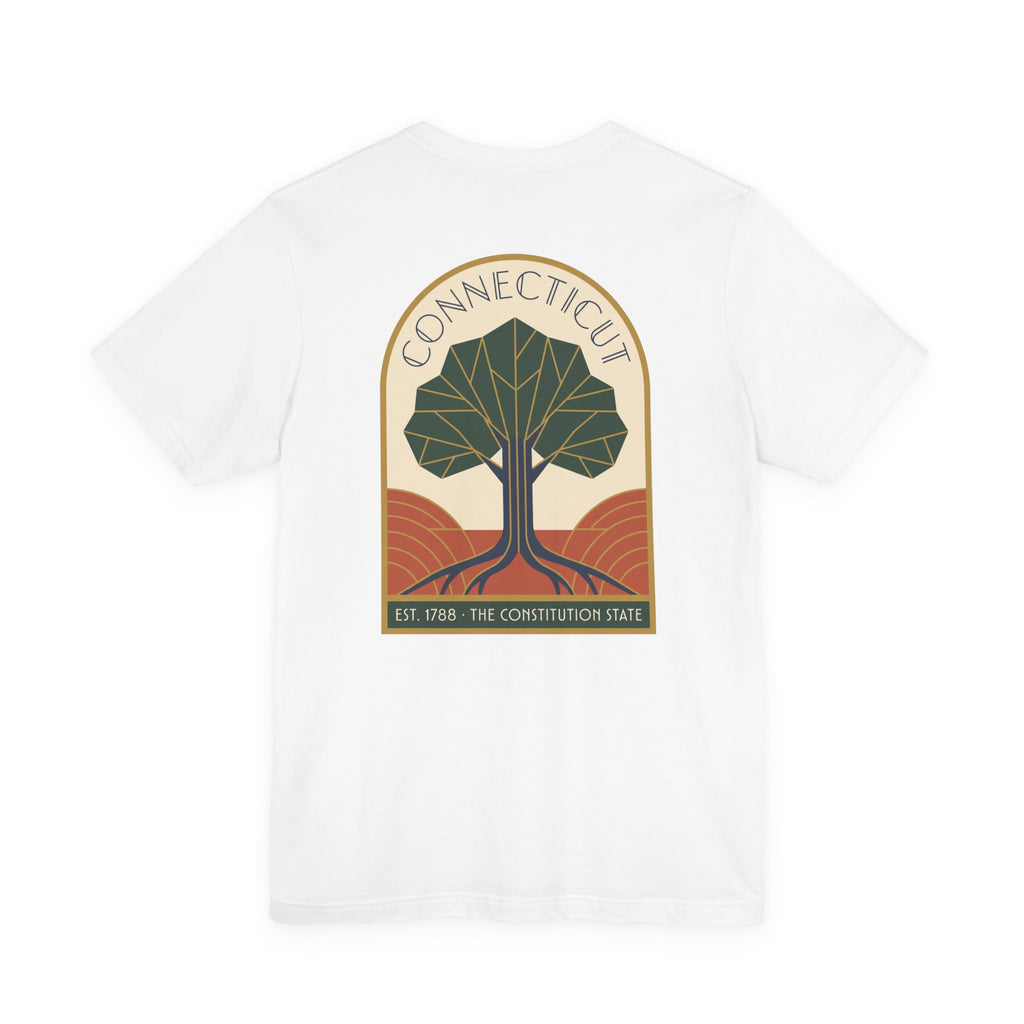 Connecticut tree graphic t-shirt, white, front emblem with tree and “Connecticut” text