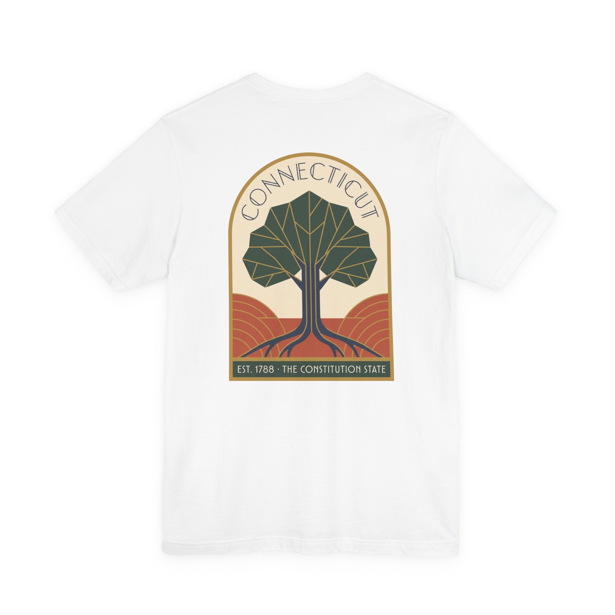 Connecticut tree graphic t-shirt, white, front emblem with tree and “Connecticut” text