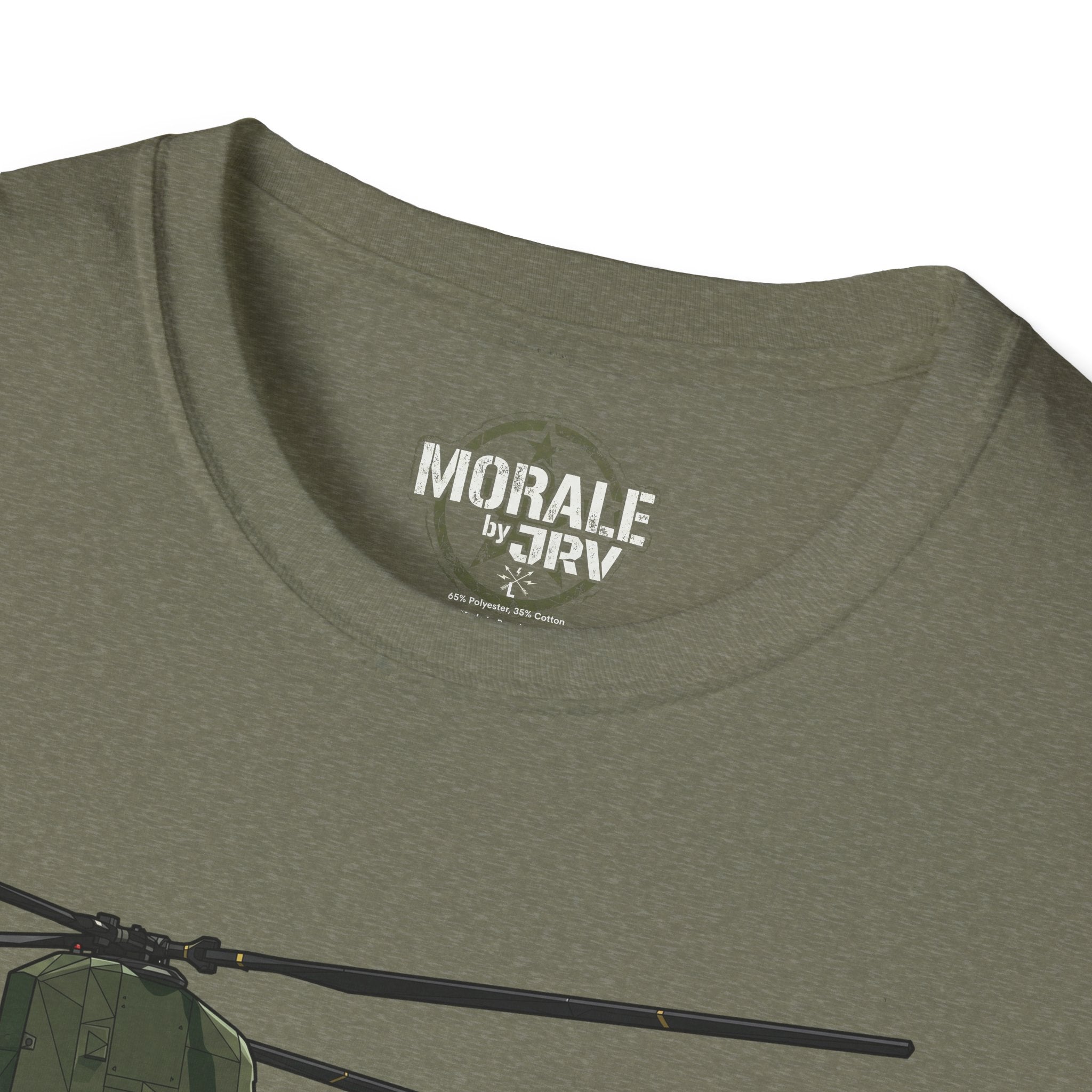 Military Green T-shirt neckline and partial helicopter graphic