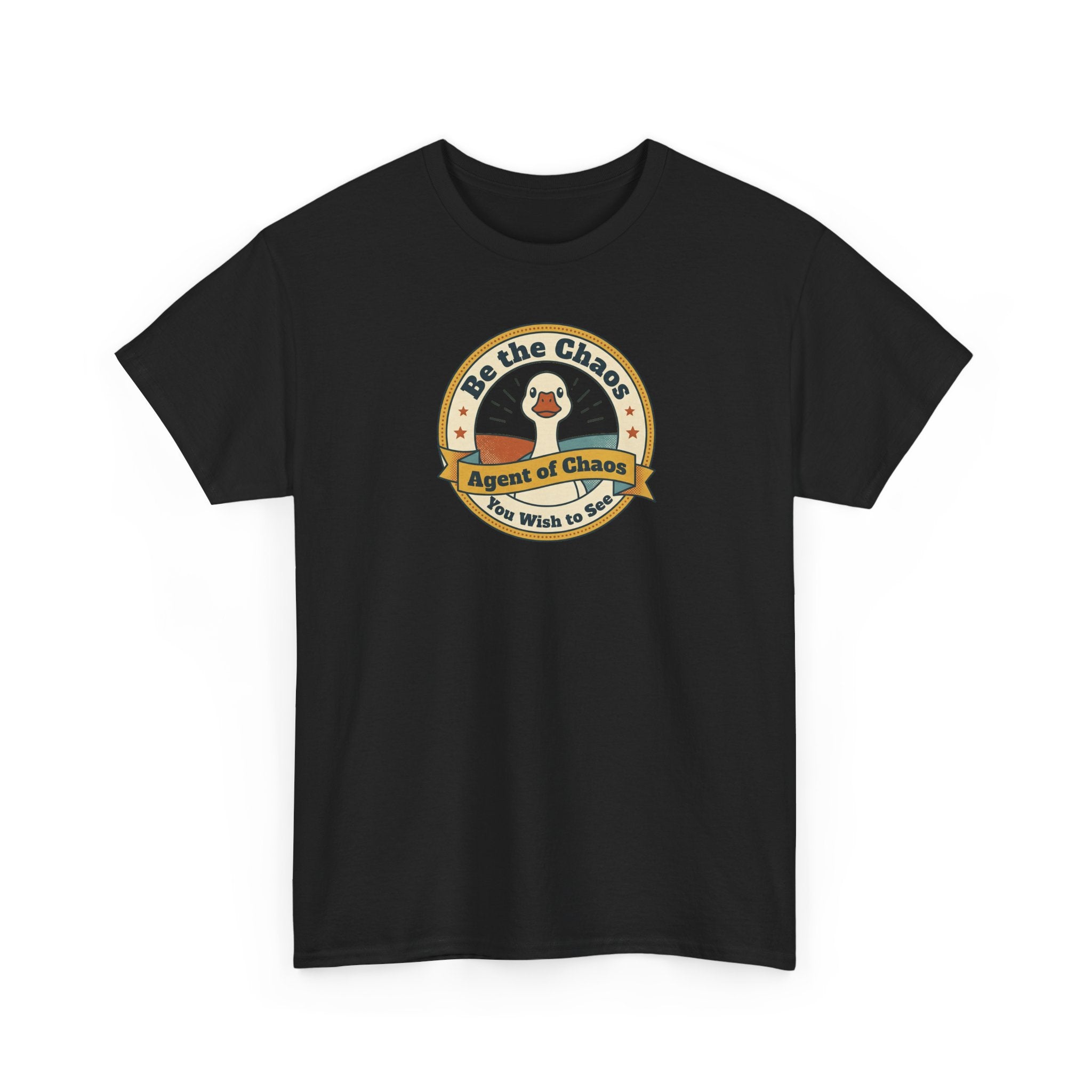 Black T-shirt with circular duck emblem graphic on the chest