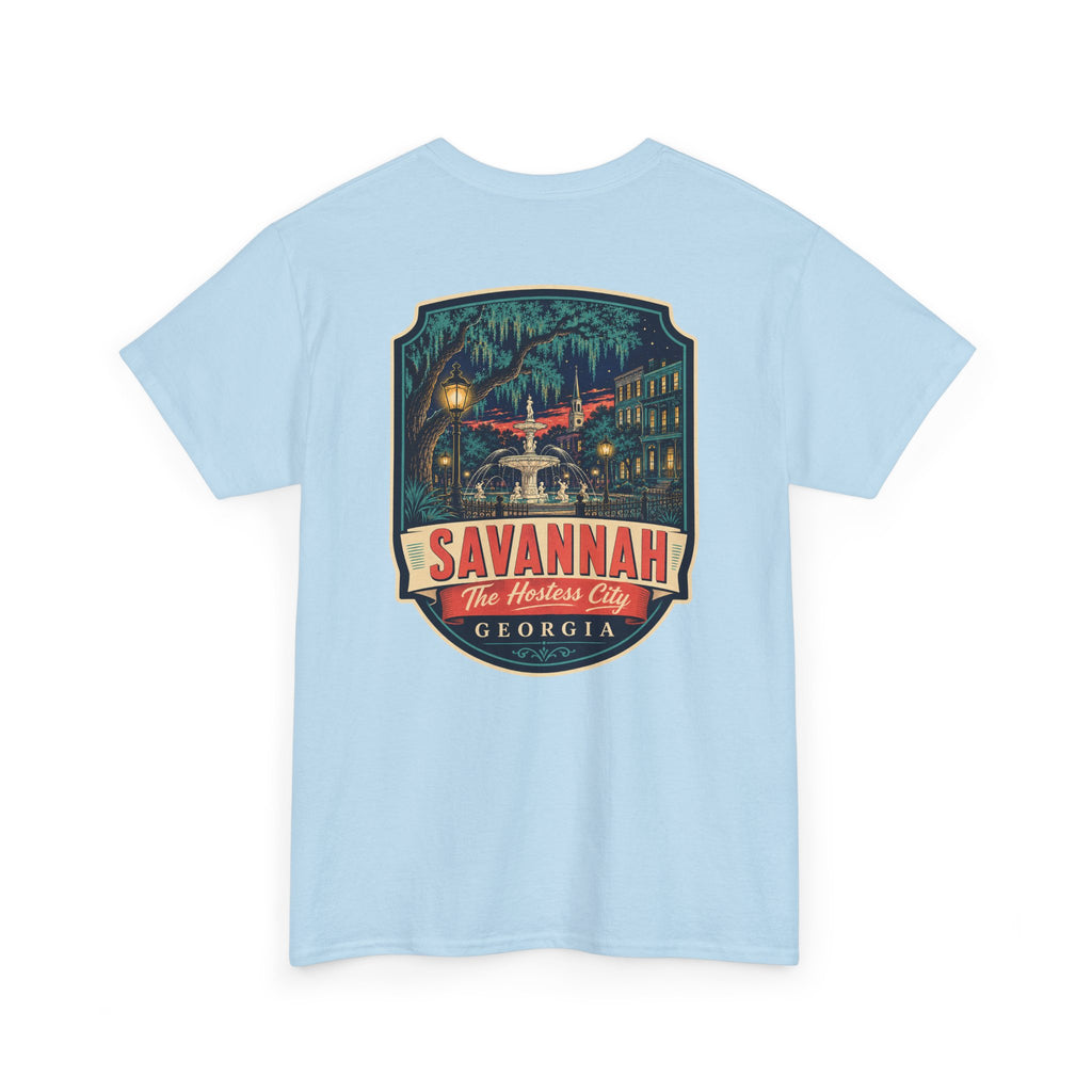 Light blue Savannah city badge graphic T-shirt with short sleeves and crew neck.