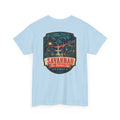 Light blue Savannah city badge graphic T-shirt with short sleeves and crew neck.