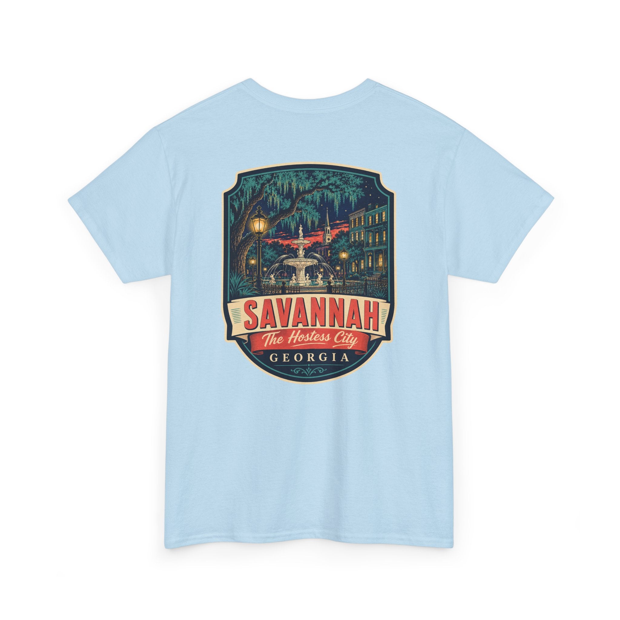Light blue Savannah city badge graphic T-shirt with short sleeves and crew neck.