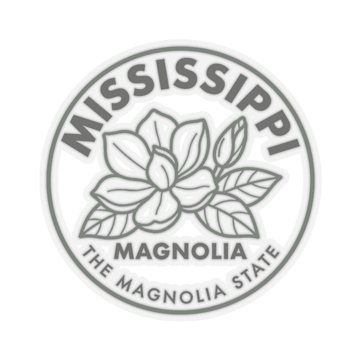 Transparent vinyl sticker showing a round Mississippi Magnolia State magnolia blossom seal