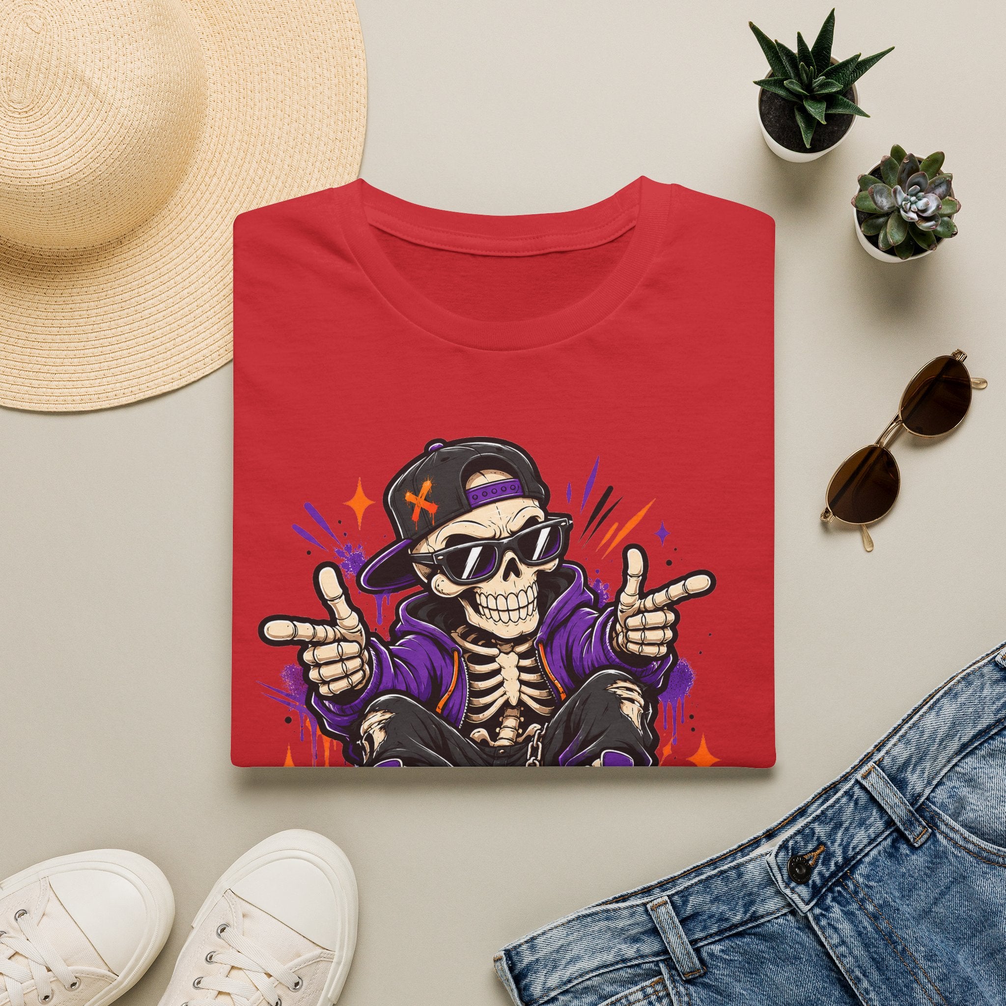Red skeleton DJ T-shirt with purple headphones and hand-drawn skull graphic