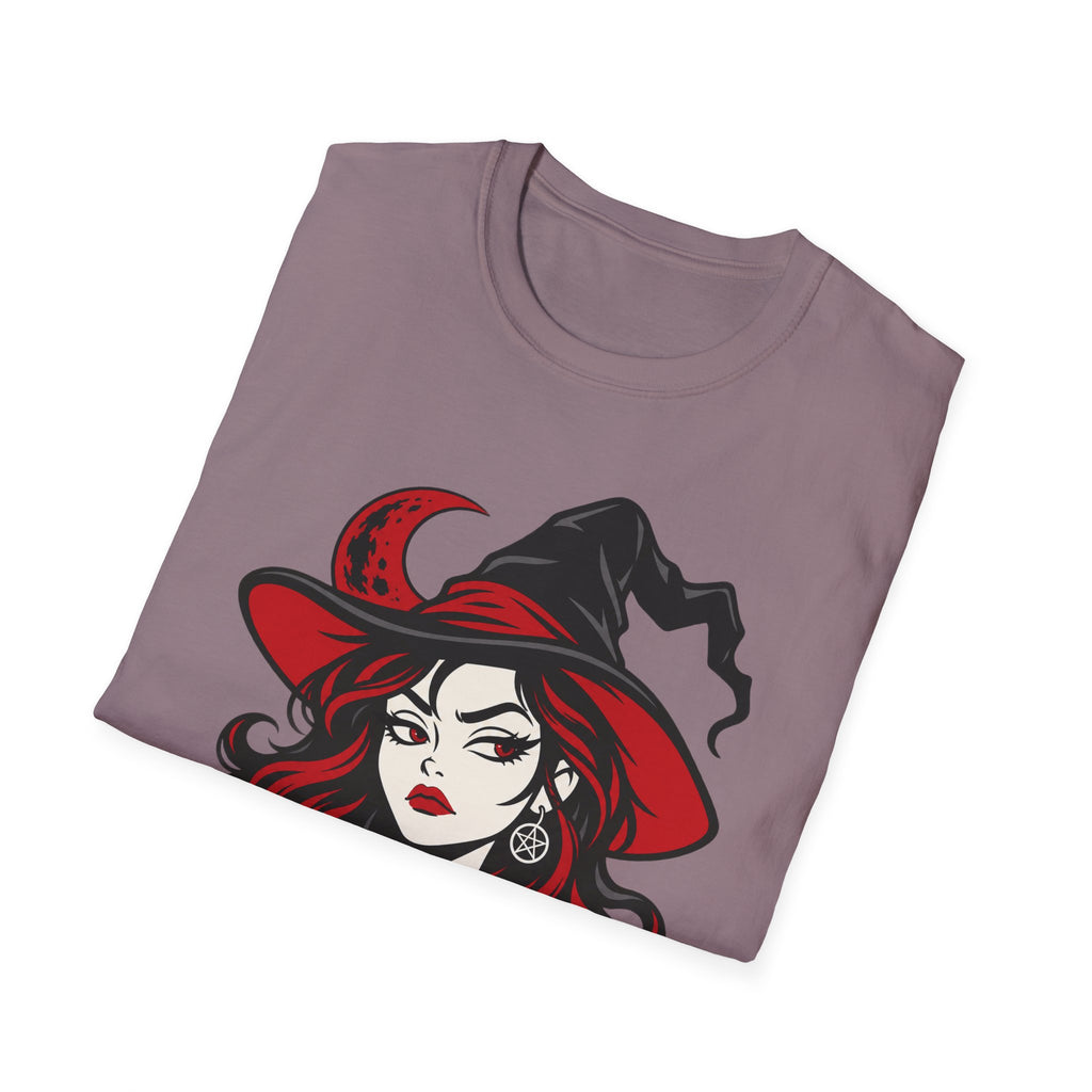 Heather mauve t-shirt with red-and-black witch face graphic on the chest