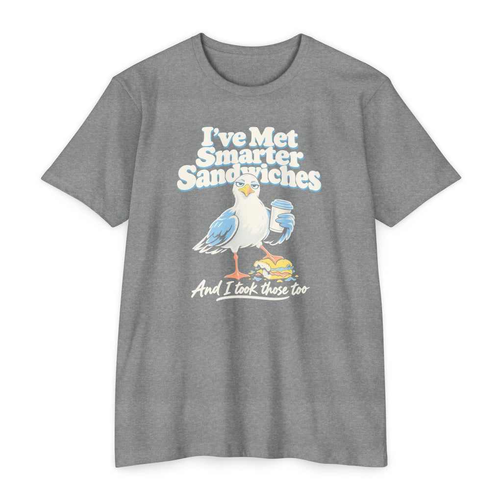 Heather gray crewneck T-shirt with seagull graphic and text “I’ve Met Smarter Sandwiches”