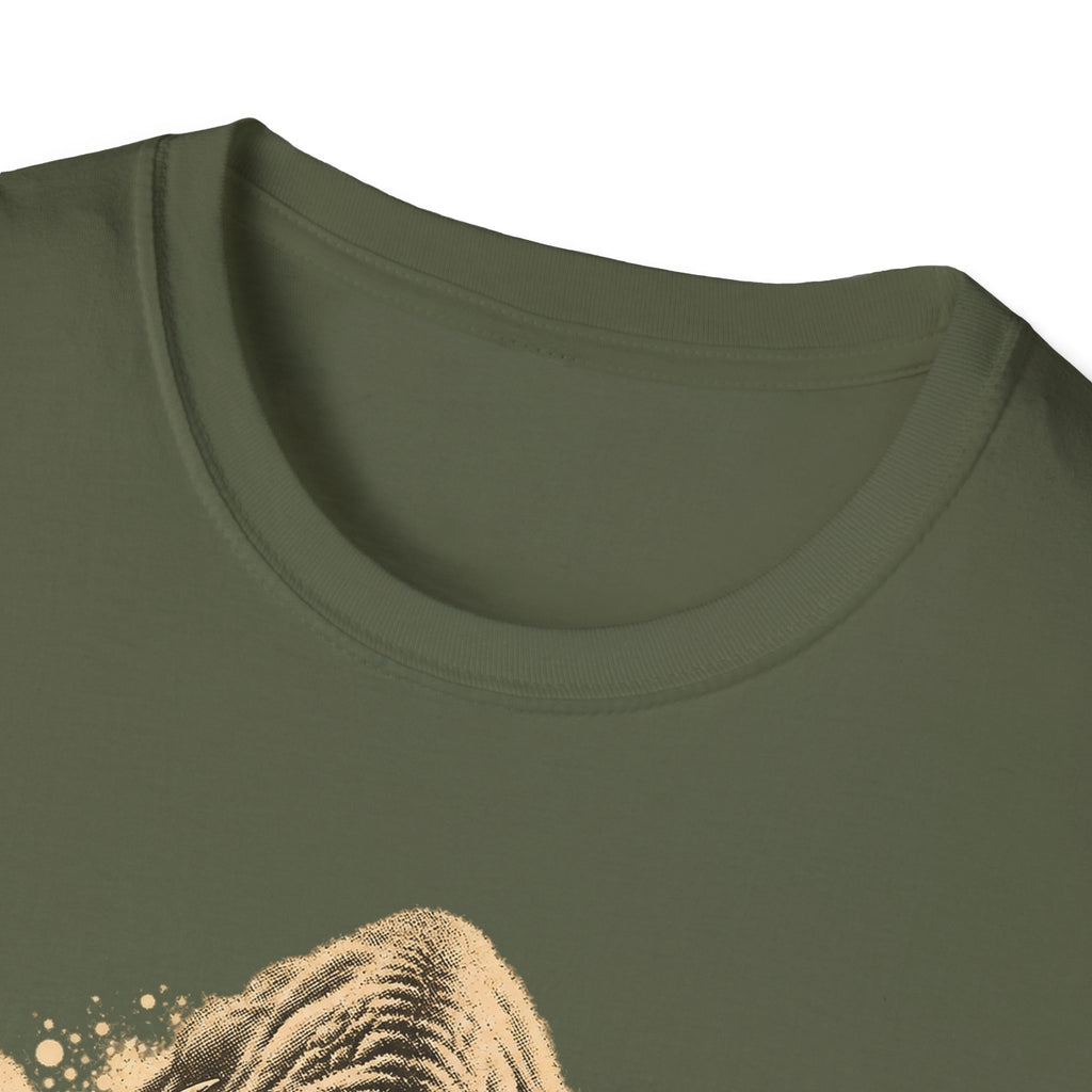 Military green T-shirt neckline close-up with partial tan bison graphic