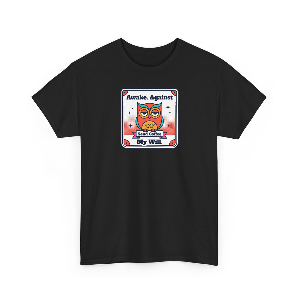 Black T-shirt with crew neck and owl coffee graphic on the front.
