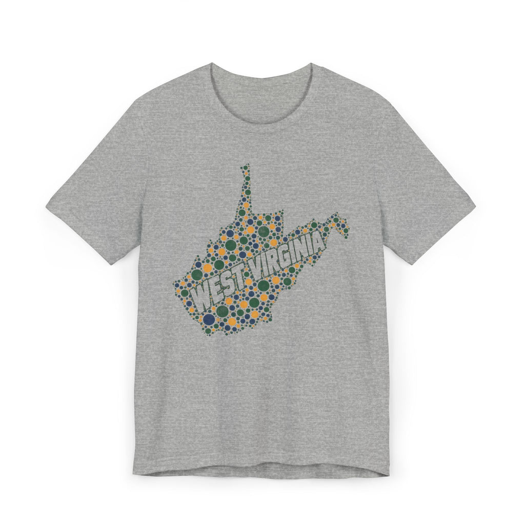 Gray T-shirt with dotted West Virginia map and “WEST VIRGINIA” text graphic