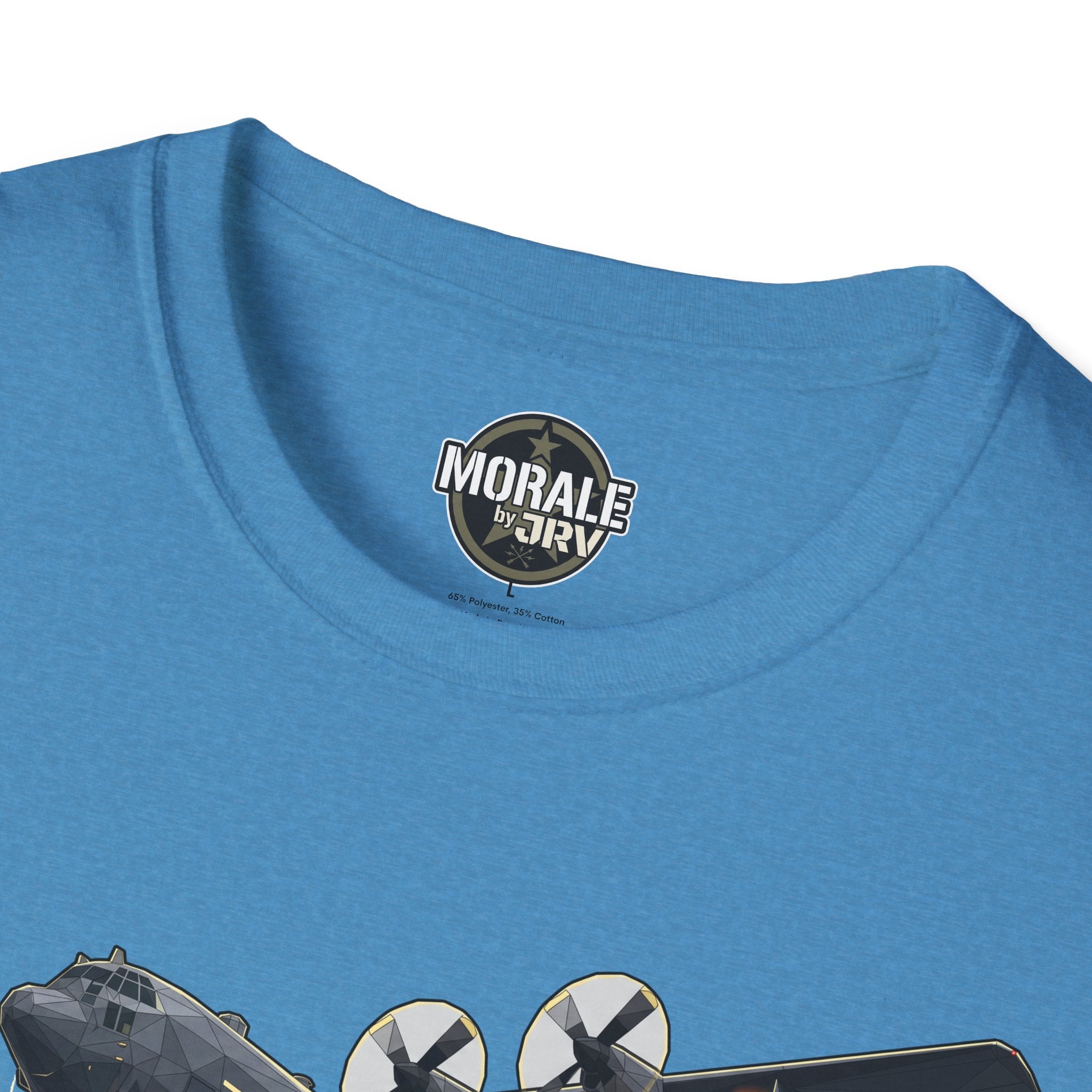 Military plane T-shirt back collar logo close-up