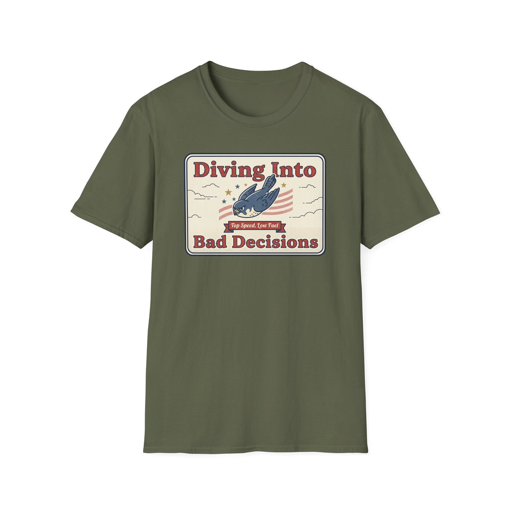 Olive green T-shirt with “Diving Into Bad Decisions” retro shark graphic on front