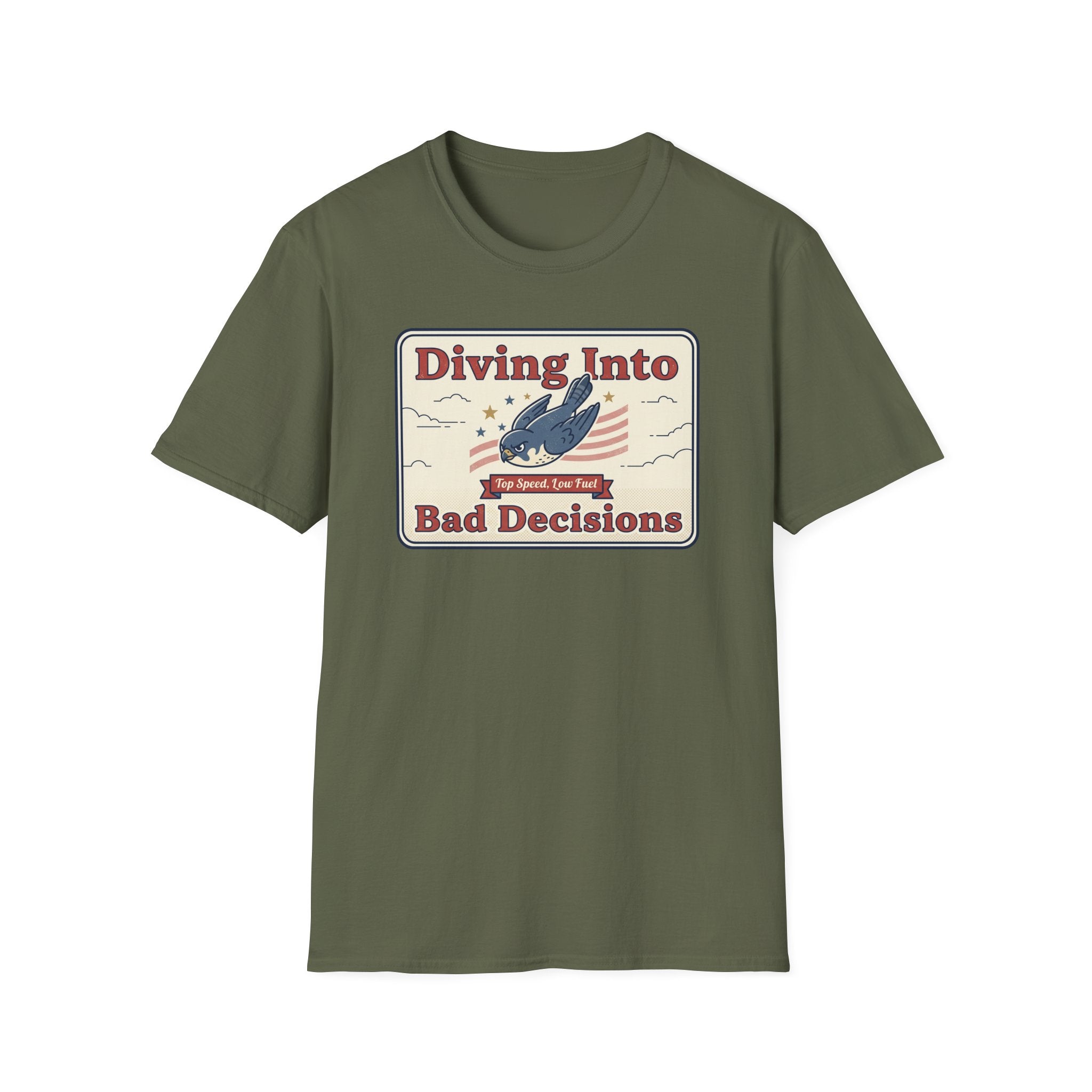Olive green T-shirt with “Diving Into Bad Decisions” retro shark graphic on front