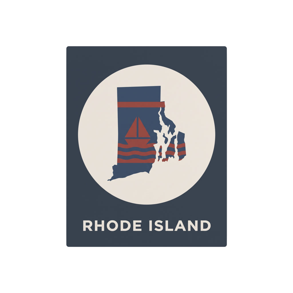 Rhode Island state map metal wall art sign, dark blue background with white circle and sailboat