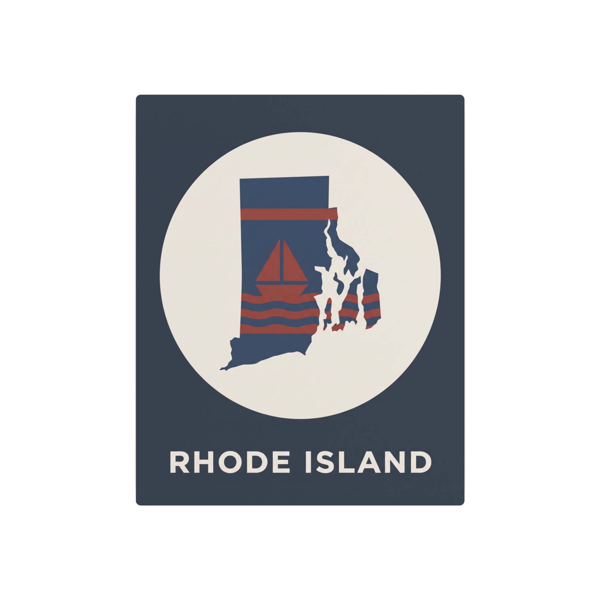Rhode Island state map metal wall art sign, dark blue background with white circle and sailboat