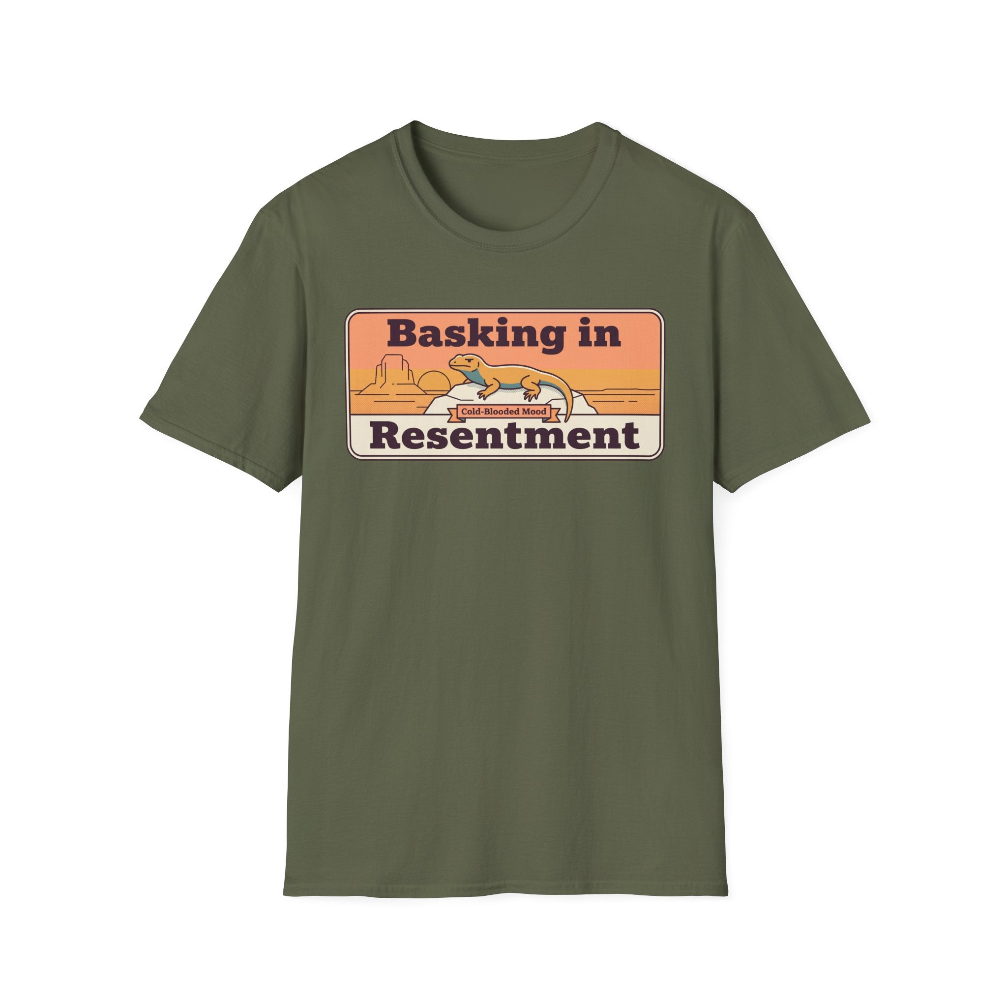 Olive graphic lizard T-shirt with desert scene text label