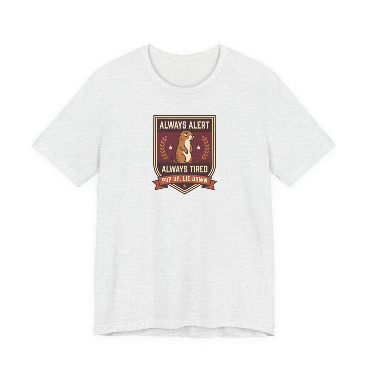 Light gray T-shirt with squirrel crest badge graphic and “Always Alert Always Tired” text