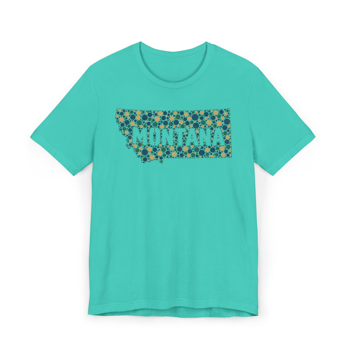 Turquoise crewneck t-shirt with “MONTANA” mosaic floral outline graphic on front.