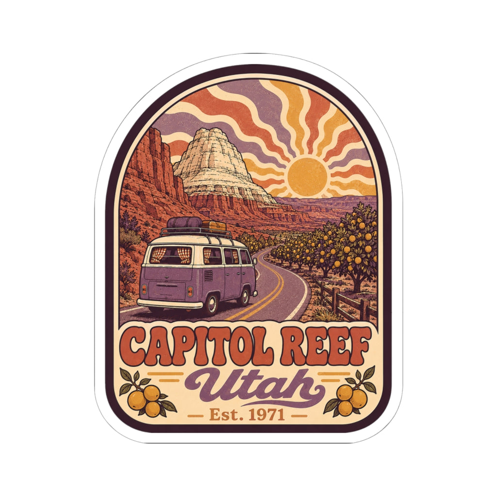 Kiss-cut sticker featuring a winding desert road, wildflowers, and Capitol Reef Utah badge design.