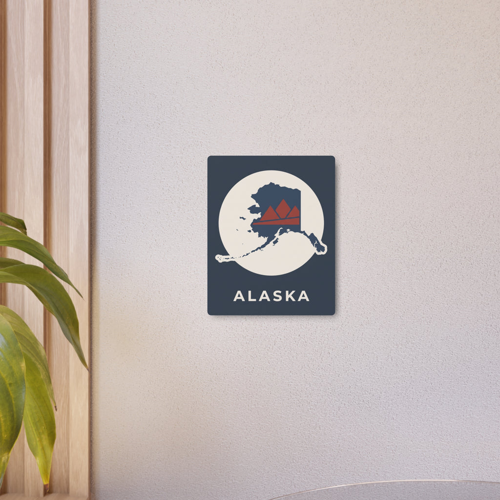 Wall-mounted Alaska metal art sign, dark blue square, circular map, red mountains, ALASKA