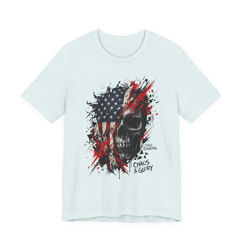Powder blue skull graphic T-shirt with American flag panel, red splatter, Chaos & Glory print
