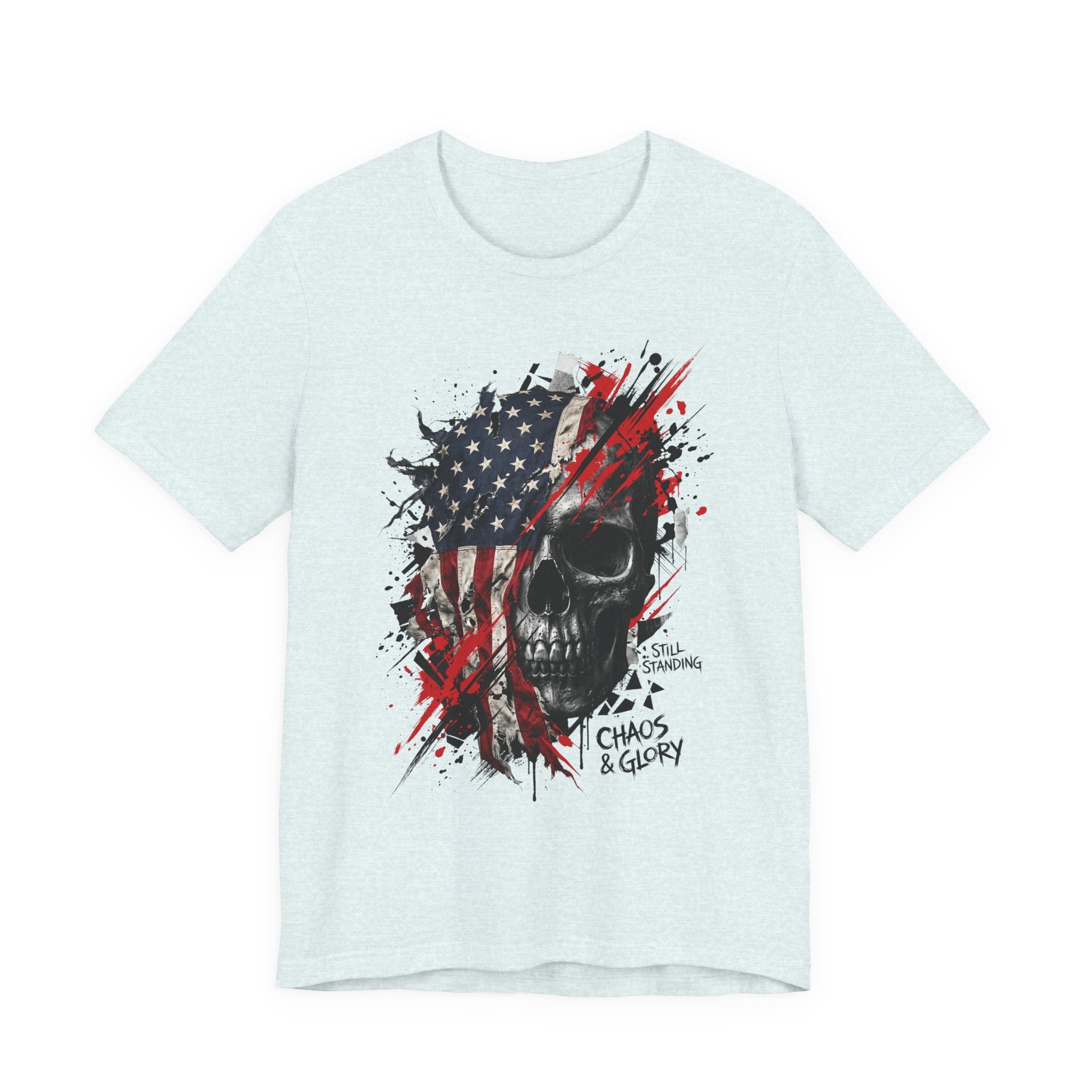 Powder blue skull graphic T-shirt with American flag panel, red splatter, Chaos & Glory print
