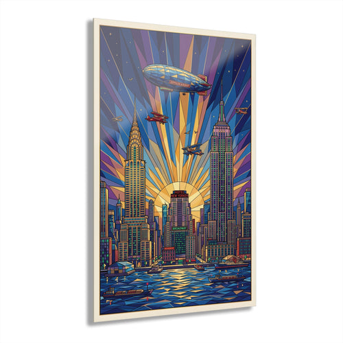 Art Deco NYC skyline acrylic print with zeppelins and neon skyscrapers, framed