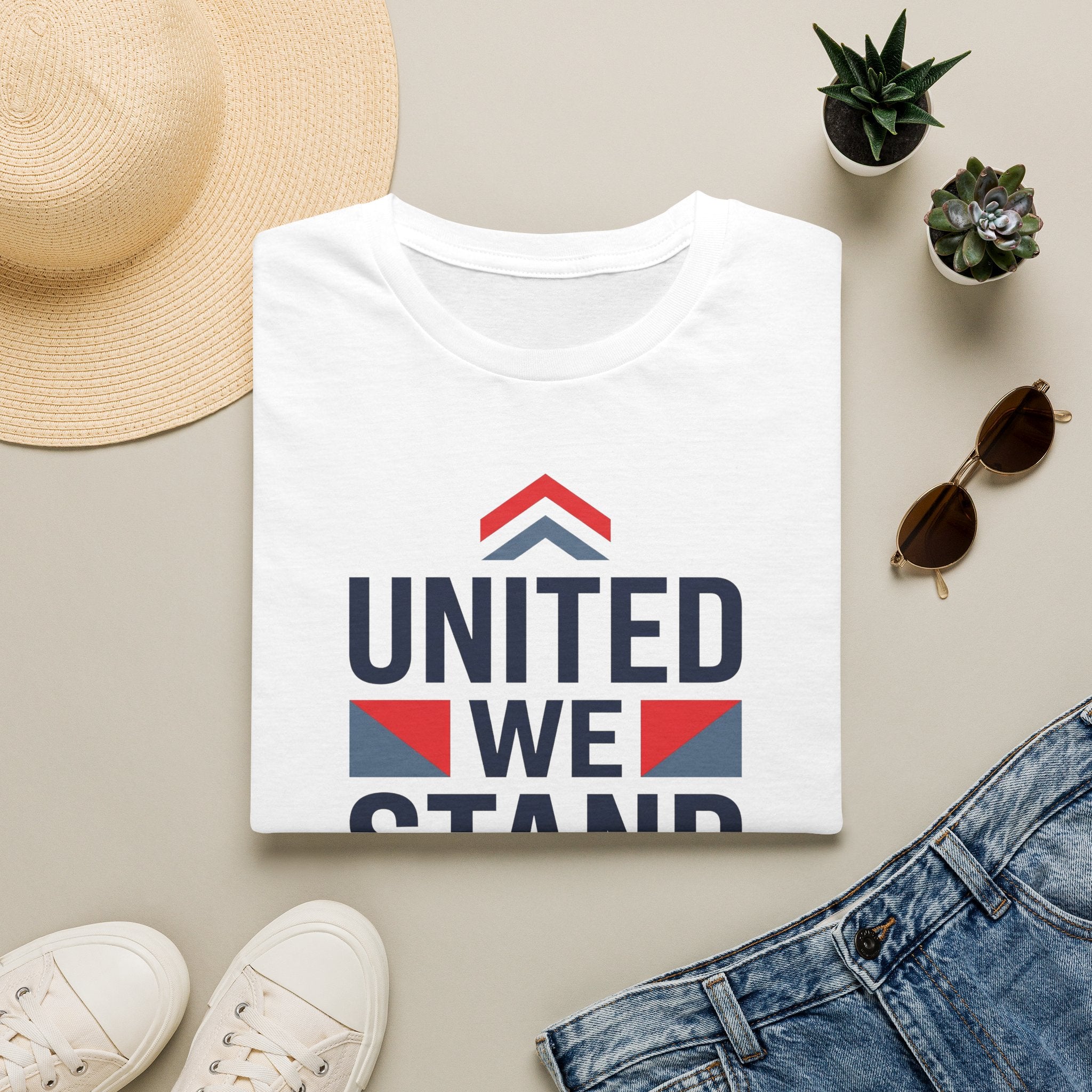 White crewneck T-shirt with 'United We Stand' patriotic graphic on front