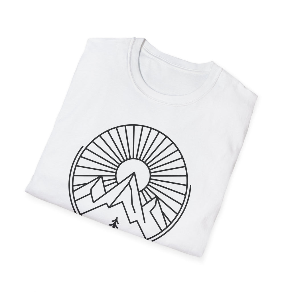 White unisex t-shirt laid flat with large circular mountain-and-tree sunburst graphic
