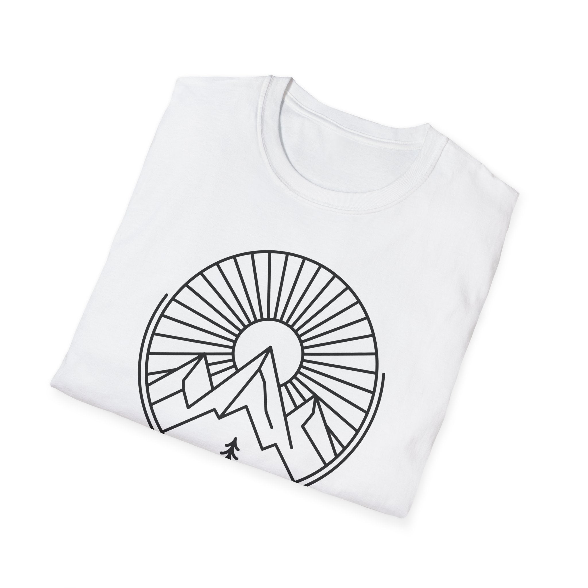 White unisex t-shirt laid flat with large circular mountain-and-tree sunburst graphic