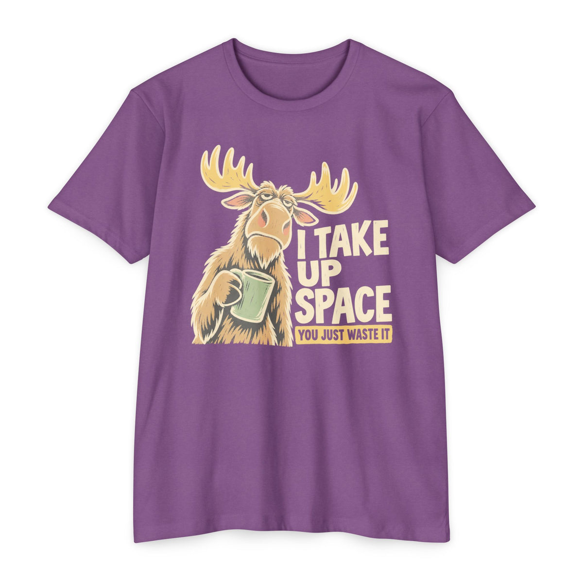 Moose graphic T-shirt in purple with “I TAKE UP SPACE” print