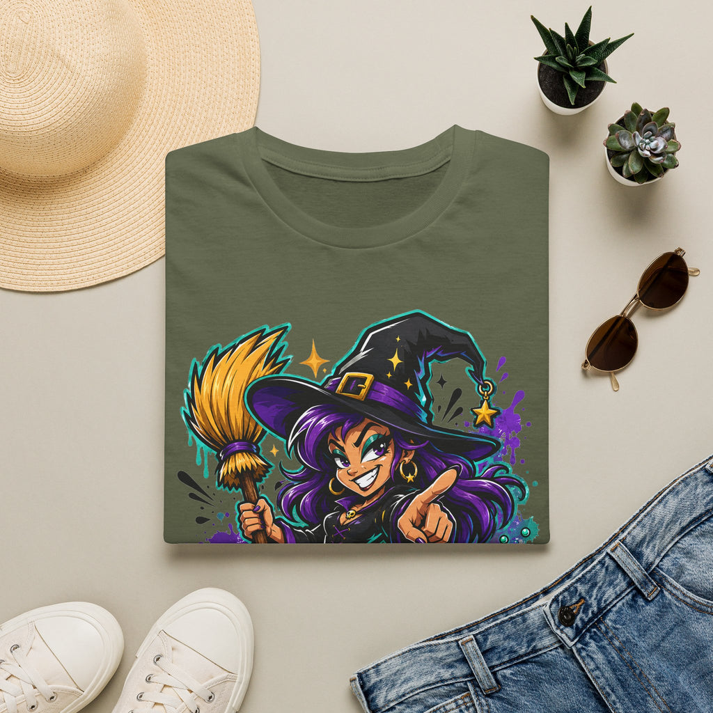 Dark green T-shirt with colorful witch graphic holding a broom, Halloween candy theme