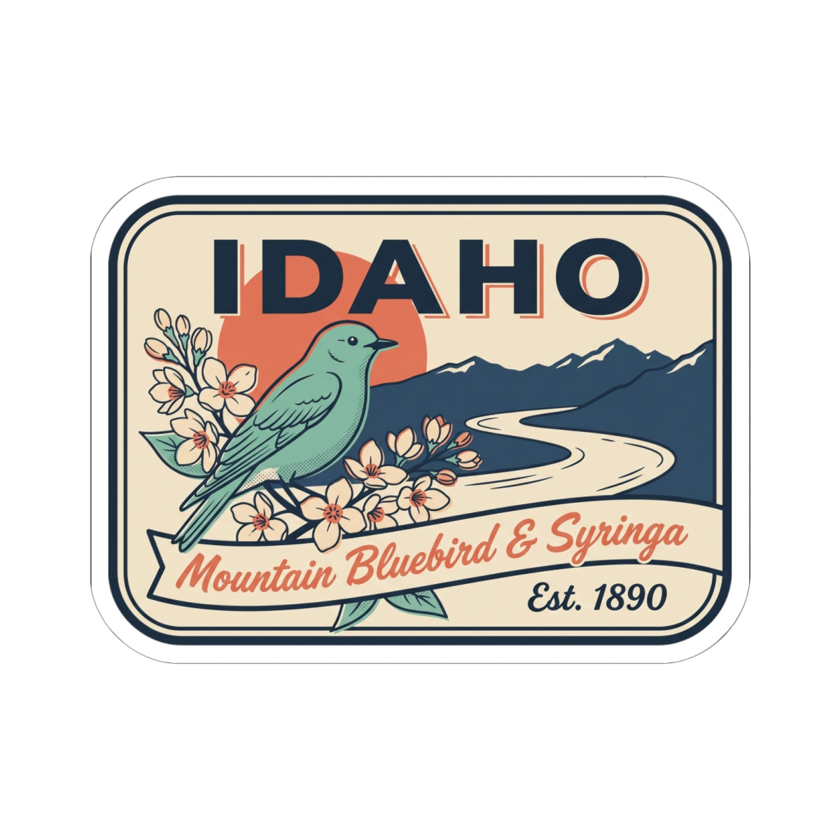 Rounded Idaho badge sticker with bluebird perched by flowers over river and mountains