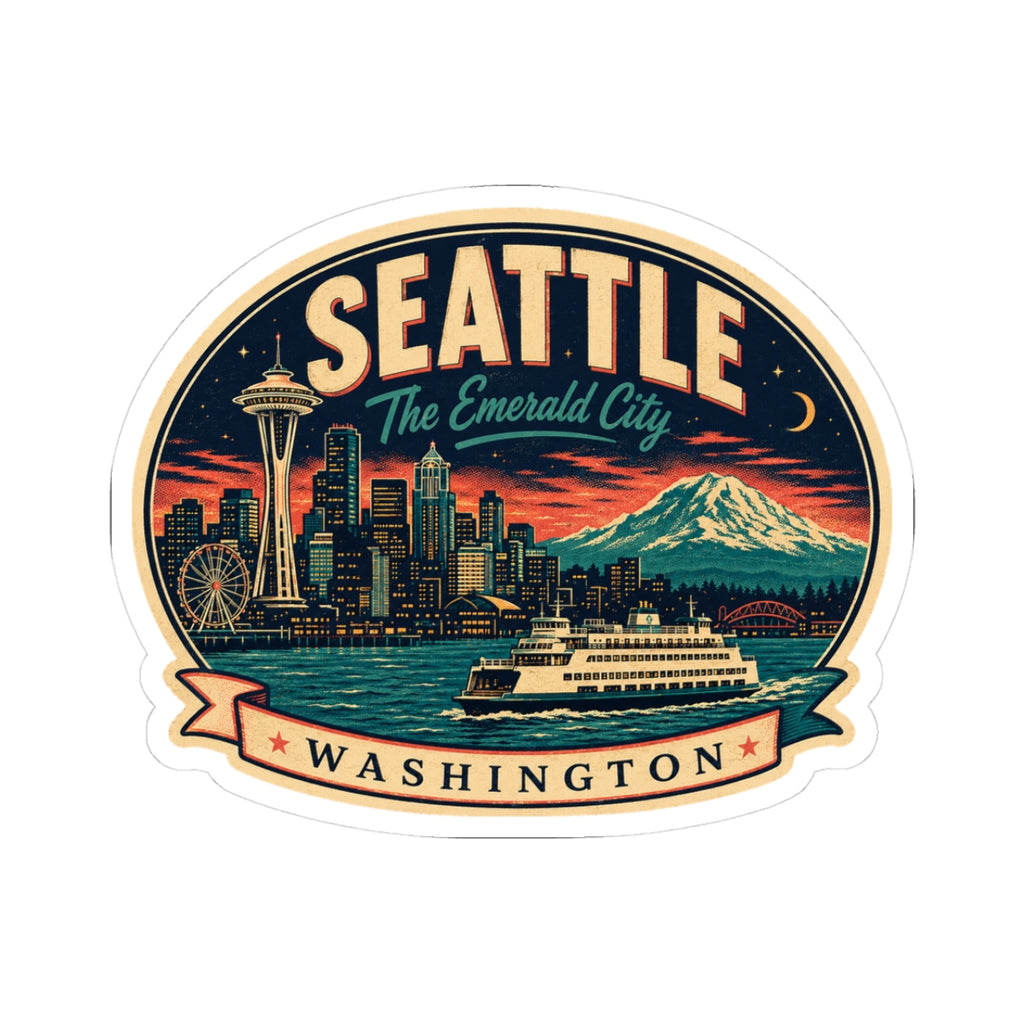 Seattle luggage tag sticker with skyline, Space Needle, Mount Rainier, and Washington banner