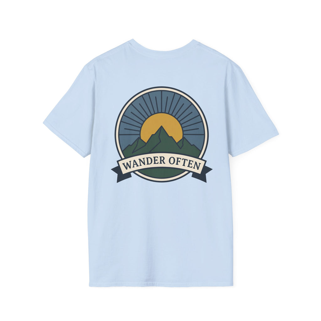 Light blue unisex T-shirt with circular Wander Often badge and mountain graphic