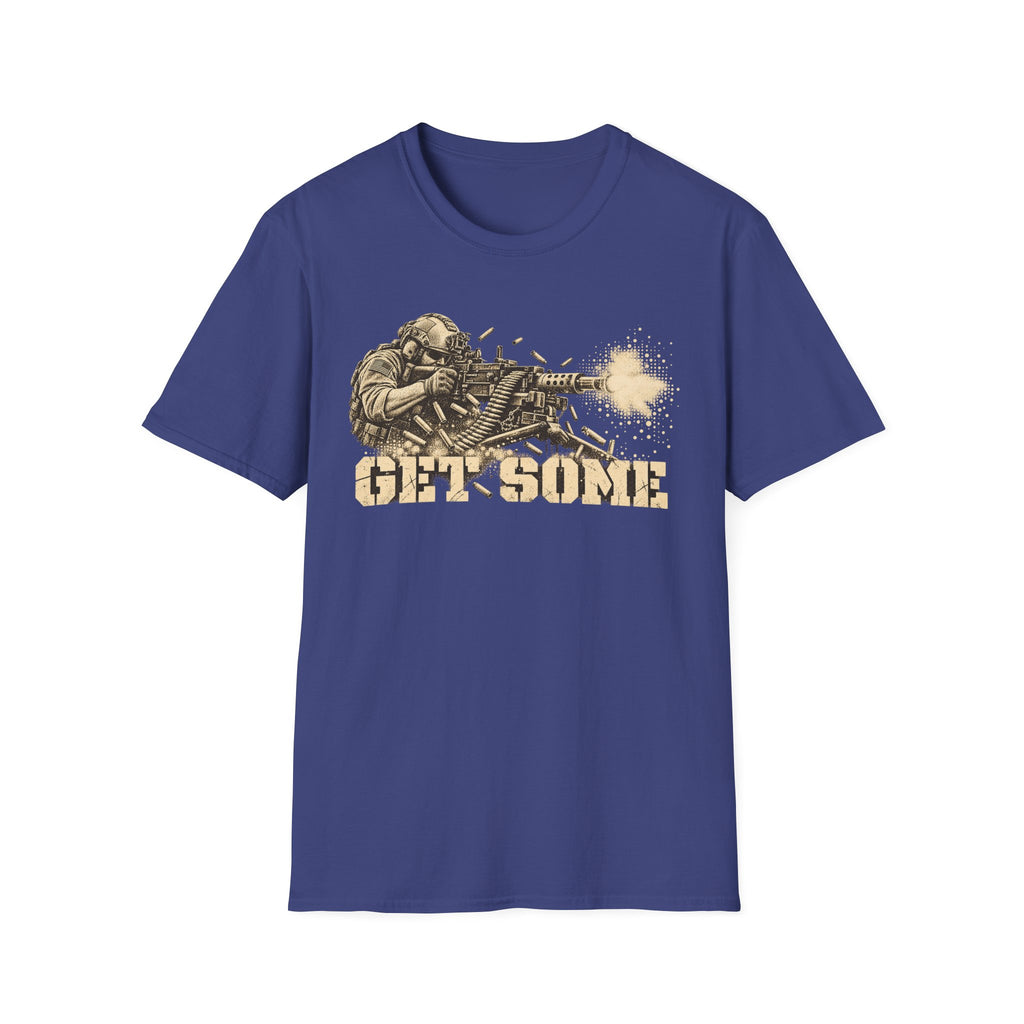 Royal blue crewneck graphic T-shirt with vintage soldier and gun print