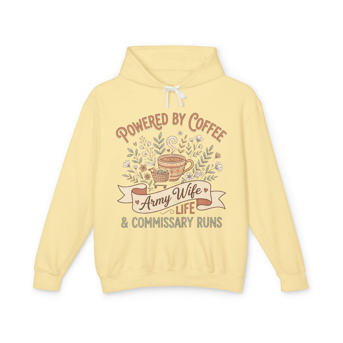 Light yellow pullover hoodie with drawstring hood; 'Powered by Coffee' graphic