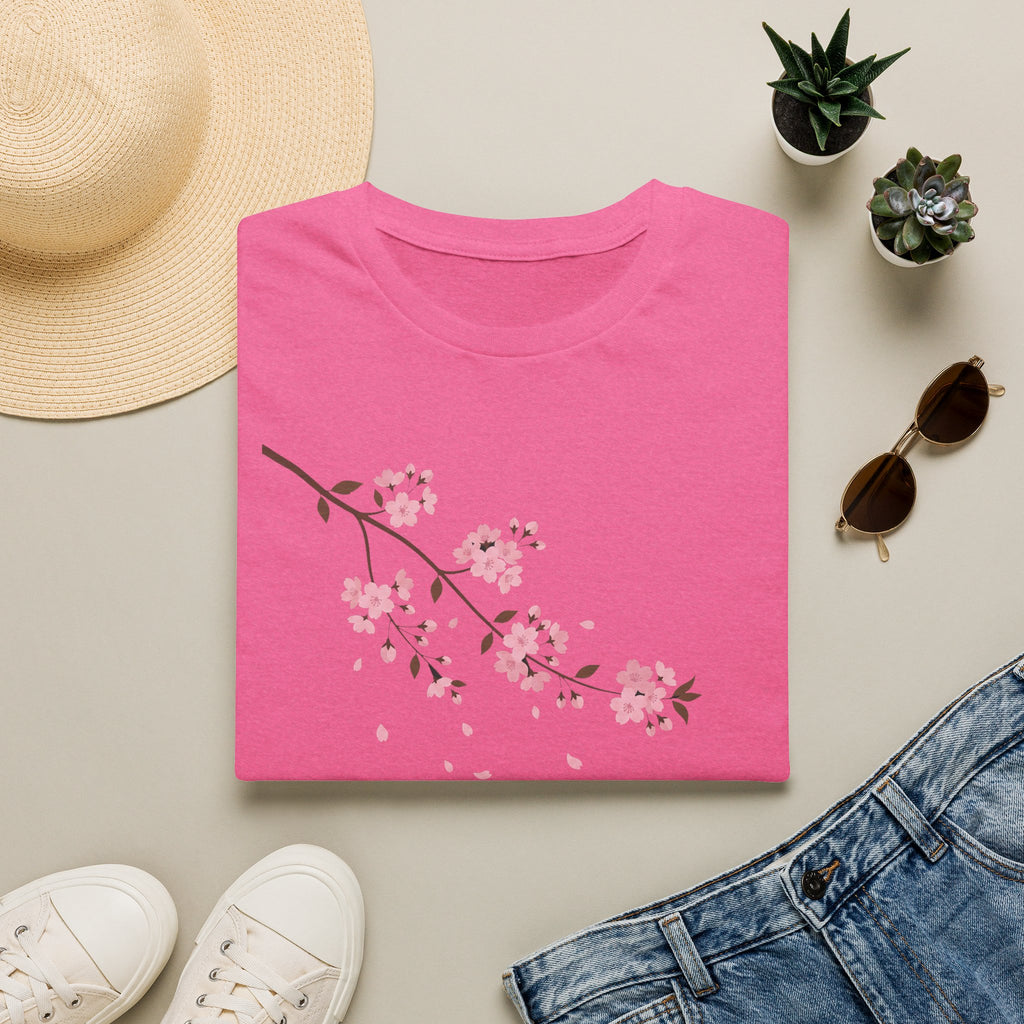 Pink crew-neck T-shirt with pink cherry blossom branch graphic on front